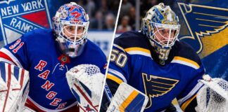 Jordan Binnington of the St. Louis Blues and Igor Shesterkin of the New York Rangers pictured together in a composite image as NHL trade rumors connect Binnington to New York's goaltending situation.