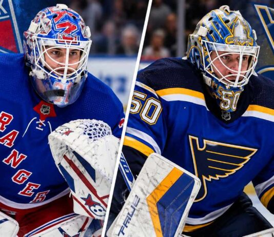 Jordan Binnington of the St. Louis Blues and Igor Shesterkin of the New York Rangers pictured together in a composite image as NHL trade rumors connect Binnington to New York's goaltending situation.