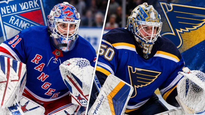 Jordan Binnington of the St. Louis Blues and Igor Shesterkin of the New York Rangers pictured together in a composite image as NHL trade rumors connect Binnington to New York's goaltending situation.
