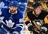 Kirill Marchenko in a Toronto Maple Leafs jersey alongside Rickard Rakell of the Pittsburgh Penguins in a split image highlighting Montreal Canadiens trade rumors and a reported trade proposal involving both forwards.