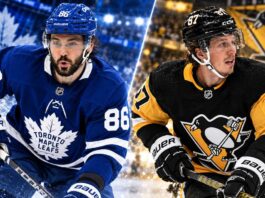 Kirill Marchenko in a Toronto Maple Leafs jersey alongside Rickard Rakell of the Pittsburgh Penguins in a split image highlighting Montreal Canadiens trade rumors and a reported trade proposal involving both forwards.