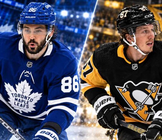 Kirill Marchenko in a Toronto Maple Leafs jersey alongside Rickard Rakell of the Pittsburgh Penguins in a split image highlighting Montreal Canadiens trade rumors and a reported trade proposal involving both forwards.