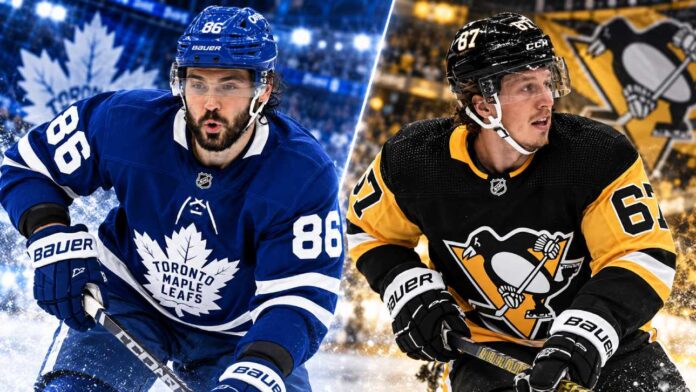 kirill-marchenko-rickard-rakell-montreal-canadiens-trade-rumors-2026 Kirill Marchenko in a Toronto Maple Leafs jersey alongside Rickard Rakell of the Pittsburgh Penguins in a split image highlighting Montreal Canadiens trade rumors and a reported trade proposal involving both forwards.