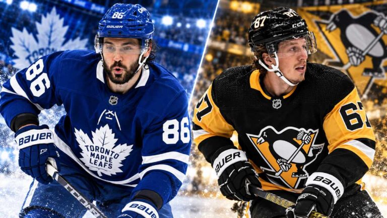 Kirill Marchenko in a Toronto Maple Leafs jersey alongside Rickard Rakell of the Pittsburgh Penguins in a split image highlighting Montreal Canadiens trade rumors and a reported trade proposal involving both forwards.