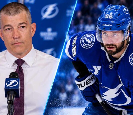 Split image of Tampa Bay Lightning forward Nikita Kucherov and general manager Julien BriseBois amid Kucherov trade request reports.