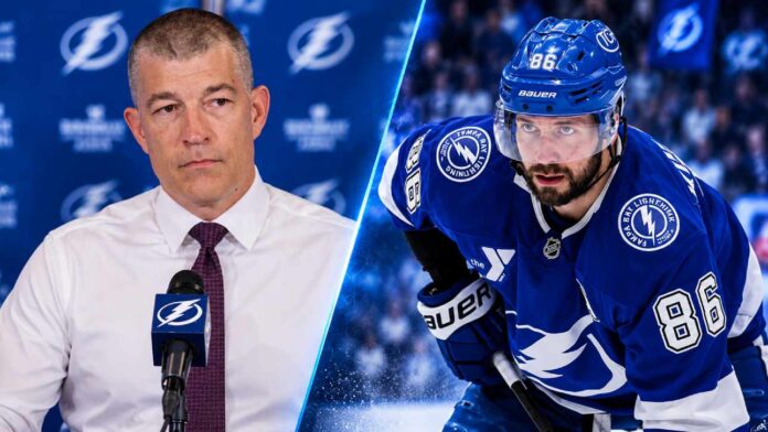 kucherov-brisebois-lightning-trade-request Split image of Tampa Bay Lightning forward Nikita Kucherov and general manager Julien BriseBois amid Kucherov trade request reports.