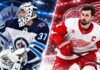 Connor Hellebuyck of the Winnipeg Jets and Dylan Larkin of the Detroit Red Wings ahead of their October 4, 2026 NHL matchup.