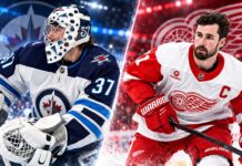 Connor Hellebuyck of the Winnipeg Jets and Dylan Larkin of the Detroit Red Wings ahead of their October 4, 2026 NHL matchup.