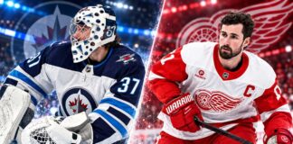 Connor Hellebuyck of the Winnipeg Jets and Dylan Larkin of the Detroit Red Wings ahead of their October 4, 2026 NHL matchup.