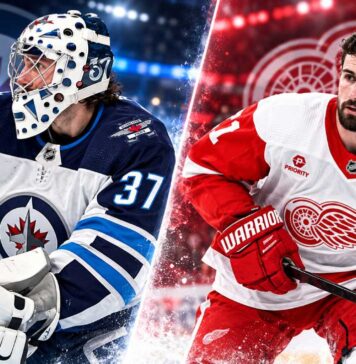 Connor Hellebuyck of the Winnipeg Jets and Dylan Larkin of the Detroit Red Wings ahead of their October 4, 2026 NHL matchup.