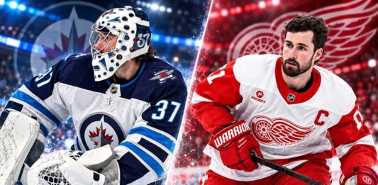 Connor Hellebuyck of the Winnipeg Jets and Dylan Larkin of the Detroit Red Wings ahead of their October 4, 2026 NHL matchup.