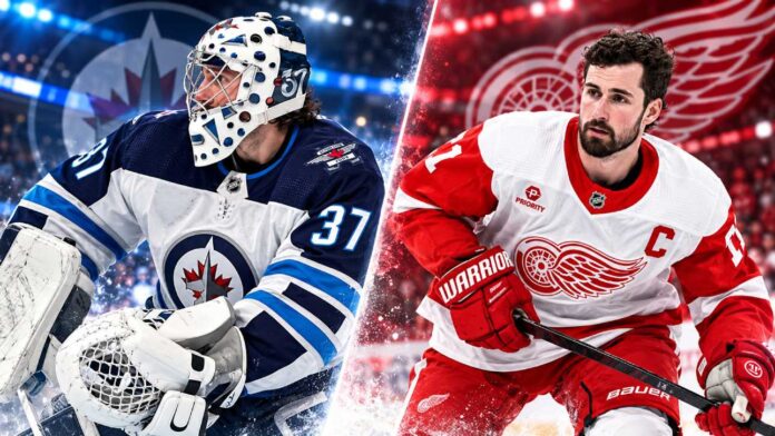 kyle-connor-alex-debrincat-jets-red-wings Connor Hellebuyck of the Winnipeg Jets and Dylan Larkin of the Detroit Red Wings ahead of their October 4, 2026 NHL matchup.