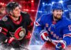 Tim Stützle of the Ottawa Senators and Alexis Lafrenière of the New York Rangers in a split image previewing their October 24, 2026, NHL fantasy hockey matchup.