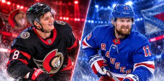 Tim Stützle of the Ottawa Senators and Alexis Lafrenière of the New York Rangers in a split image previewing their October 24, 2026, NHL fantasy hockey matchup.
