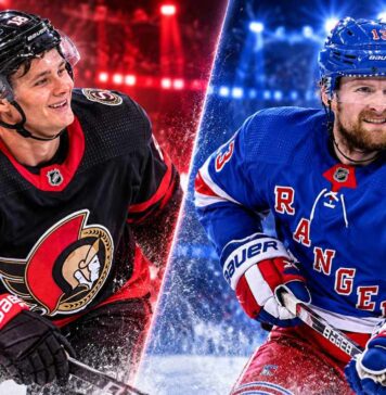 Tim Stützle of the Ottawa Senators and Alexis Lafrenière of the New York Rangers in a split image previewing their October 24, 2026, NHL fantasy hockey matchup.