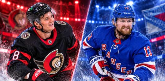 Tim Stützle of the Ottawa Senators and Alexis Lafrenière of the New York Rangers in a split image previewing their October 24, 2026, NHL fantasy hockey matchup.