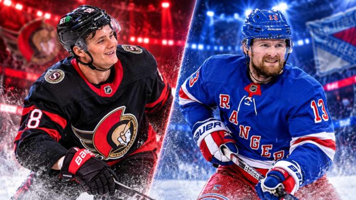 lafreniere-stutzle-rangers-senators-oct-24-2026 Tim Stützle of the Ottawa Senators and Alexis Lafrenière of the New York Rangers in a split image previewing their October 24, 2026, NHL fantasy hockey matchup.