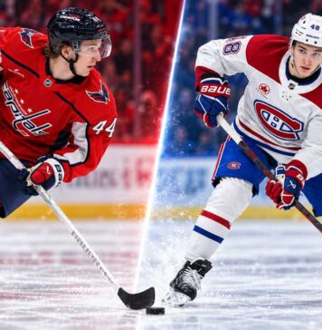 Cole Hutson of the Washington Capitals and Lane Hutson of the Montreal Canadiens featured in a split image ahead of their October 14, 2026, NHL matchup and fantasy hockey predictions.