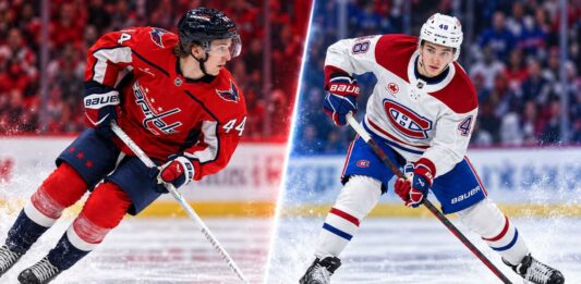 Cole Hutson of the Washington Capitals and Lane Hutson of the Montreal Canadiens featured in a split image ahead of their October 14, 2026, NHL matchup and fantasy hockey predictions.