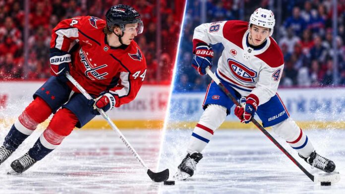lane-cole-hutson-canadiens-capitals-oct-14-2026 Cole Hutson of the Washington Capitals and Lane Hutson of the Montreal Canadiens featured in a split image ahead of their October 14, 2026, NHL matchup and fantasy hockey predictions.