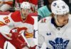 William Nylander of the Toronto Maple Leafs and Joel Fartabee of the Calgary FLames in a split image previewing their October 26, 2026, NHL fantasy hockey matchup.