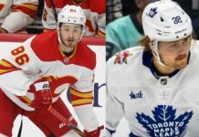 William Nylander of the Toronto Maple Leafs and Joel Fartabee of the Calgary FLames in a split image previewing their October 26, 2026, NHL fantasy hockey matchup.