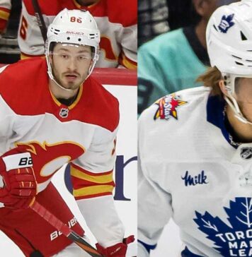 William Nylander of the Toronto Maple Leafs and Joel Fartabee of the Calgary FLames in a split image previewing their October 26, 2026, NHL fantasy hockey matchup.