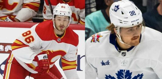 William Nylander of the Toronto Maple Leafs and Joel Fartabee of the Calgary FLames in a split image previewing their October 26, 2026, NHL fantasy hockey matchup.