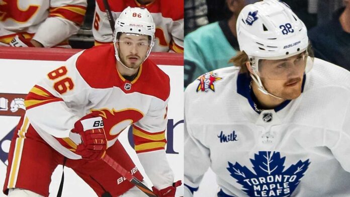 William Nylander of the Toronto Maple Leafs and Joel Fartabee of the Calgary FLames in a split image previewing their October 26, 2026, NHL fantasy hockey matchup.
