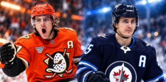 Leo Carlsson of the Anaheim Ducks and Mark Scheifele of the Winnipeg Jets featured in a split image ahead of their October 9, 2026 NHL fantasy hockey matchup.