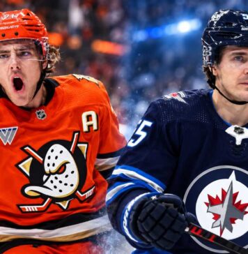Leo Carlsson of the Anaheim Ducks and Mark Scheifele of the Winnipeg Jets featured in a split image ahead of their October 9, 2026 NHL fantasy hockey matchup.