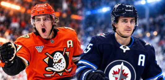 Leo Carlsson of the Anaheim Ducks and Mark Scheifele of the Winnipeg Jets featured in a split image ahead of their October 9, 2026 NHL fantasy hockey matchup.