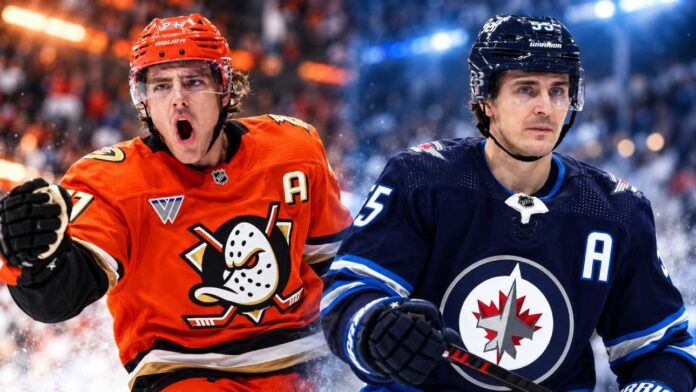 leo-carlsson-mark-schiefele-ducks-jets Leo Carlsson of the Anaheim Ducks and Mark Scheifele of the Winnipeg Jets featured in a split image ahead of their October 9, 2026 NHL fantasy hockey matchup.