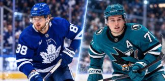 William Nylander of the Toronto Maple Leafs and Macklin Celebrini of the San Jose Sharks featured in a split image ahead of their October 19, 2026, NHL fantasy hockey matchup.