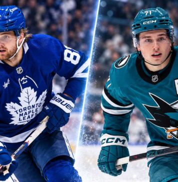 William Nylander of the Toronto Maple Leafs and Macklin Celebrini of the San Jose Sharks featured in a split image ahead of their October 19, 2026, NHL fantasy hockey matchup.