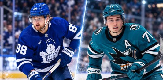 William Nylander of the Toronto Maple Leafs and Macklin Celebrini of the San Jose Sharks featured in a split image ahead of their October 19, 2026, NHL fantasy hockey matchup.