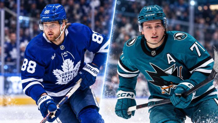macklin-celebrini-william-nylander-sharks-leafs-2026 William Nylander of the Toronto Maple Leafs and Macklin Celebrini of the San Jose Sharks featured in a split image ahead of their October 19, 2026, NHL fantasy hockey matchup.