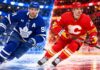 John Tavares of the Toronto Maple Leafs and Morgan Frost of the Calgary Flames in a split image highlighting NHL trade rumors following Tavares' injury and a potential Frost trade to Toronto.