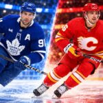 Maple Leafs Trade Rumors: Is Morgan Frost the Answer After John Tavares’ Injury? John Tavares of the Toronto Maple Leafs and Morgan Frost of the Calgary Flames in a split image highlighting NHL trade rumors following Tavares' injury and a potential Frost trade to Toronto.