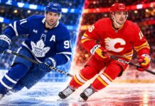 John Tavares of the Toronto Maple Leafs and Morgan Frost of the Calgary Flames in a split image highlighting NHL trade rumors following Tavares' injury and a potential Frost trade to Toronto.