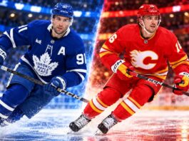 John Tavares of the Toronto Maple Leafs and Morgan Frost of the Calgary Flames in a split image highlighting NHL trade rumors following Tavares' injury and a potential Frost trade to Toronto.