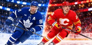 John Tavares of the Toronto Maple Leafs and Morgan Frost of the Calgary Flames in a split image highlighting NHL trade rumors following Tavares' injury and a potential Frost trade to Toronto.