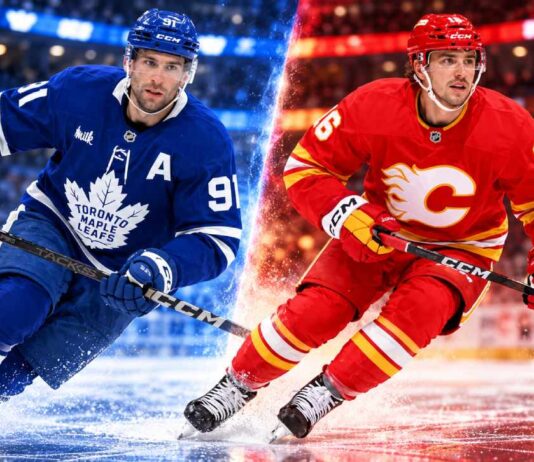 John Tavares of the Toronto Maple Leafs and Morgan Frost of the Calgary Flames in a split image highlighting NHL trade rumors following Tavares' injury and a potential Frost trade to Toronto.