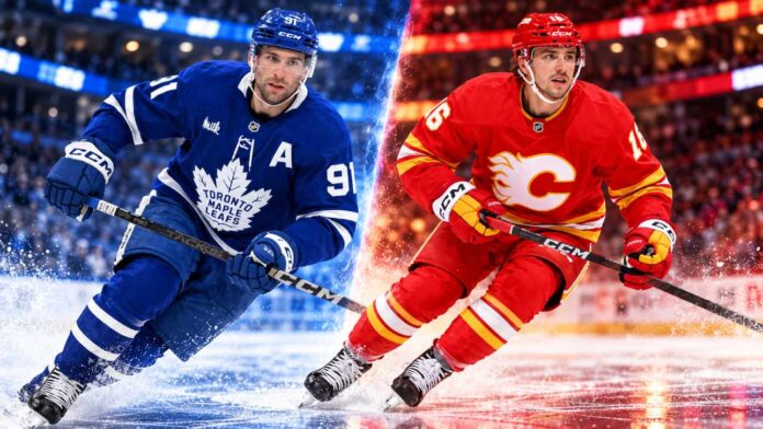 maple-leafs-morgan-frost-tavares-trade-rumors-2026 John Tavares of the Toronto Maple Leafs and Morgan Frost of the Calgary Flames in a split image highlighting NHL trade rumors following Tavares' injury and a potential Frost trade to Toronto.