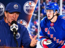 Split image of New York Rangers forward Matt Rempe and Edmonton Oilers coach Mike Babcock amid October 2026 NHL trade rumors.