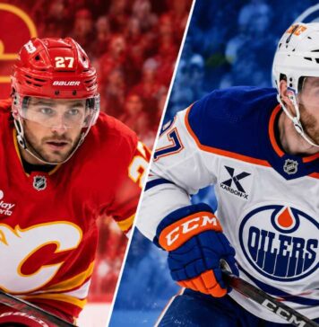 Split image of Connor McDavid of the Edmonton Oilers and Matt Coronato of the Calgary Flames ahead of their October 28, 2026 NHL matchup.