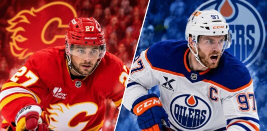 Split image of Connor McDavid of the Edmonton Oilers and Matt Coronato of the Calgary Flames ahead of their October 28, 2026 NHL matchup.
