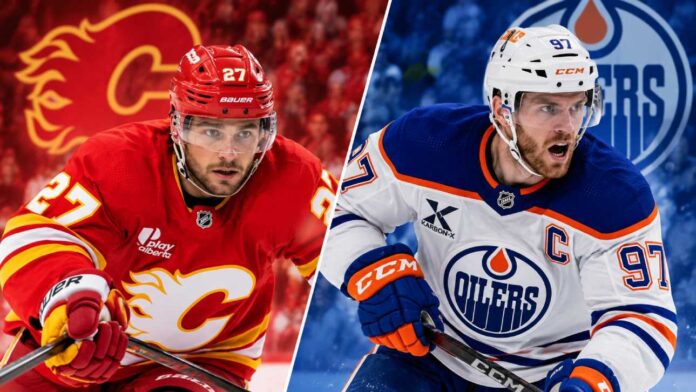 mcdavid-coronato-flames-oilers-fantasy-2026 Split image of Connor McDavid of the Edmonton Oilers and Matt Coronato of the Calgary Flames ahead of their October 28, 2026 NHL matchup.