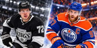 Split image of Connor McDavid in his Edmonton Oilers jersey and Artemi Panarin in his Los Angeles Kings jersey ahead of their October 13, 2026 NHL matchup.