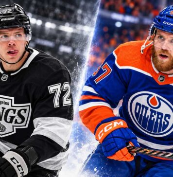 Split image of Connor McDavid in his Edmonton Oilers jersey and Artemi Panarin in his Los Angeles Kings jersey ahead of their October 13, 2026 NHL matchup.
